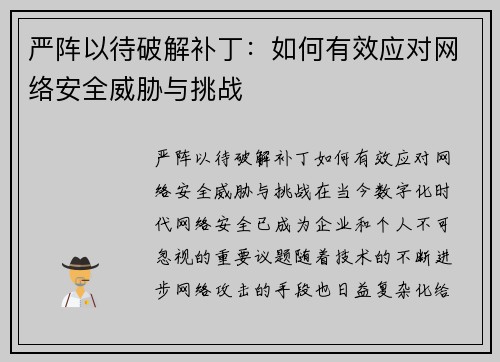 严阵以待破解补丁：如何有效应对网络安全威胁与挑战